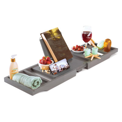 Plateau de bain en bambou gris DIDADI, plateau de bain gris pour baignoire - plateau de bain en bois extensible avec support à vin, support pour livre et tablette, accessoires de salle de bain, table de baignoire, cadeaux de douche nuptiale pour femmes