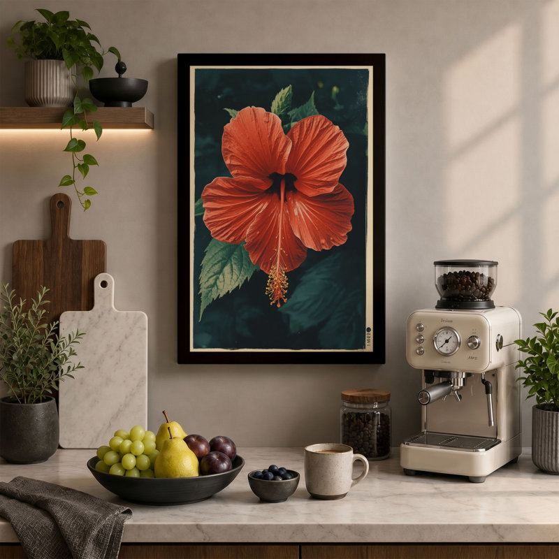 Hibiscus in Deep Teal Botanical - Wrapped Canvas, 18x12 - 45.7 x 30.5 cm, Ochre Border