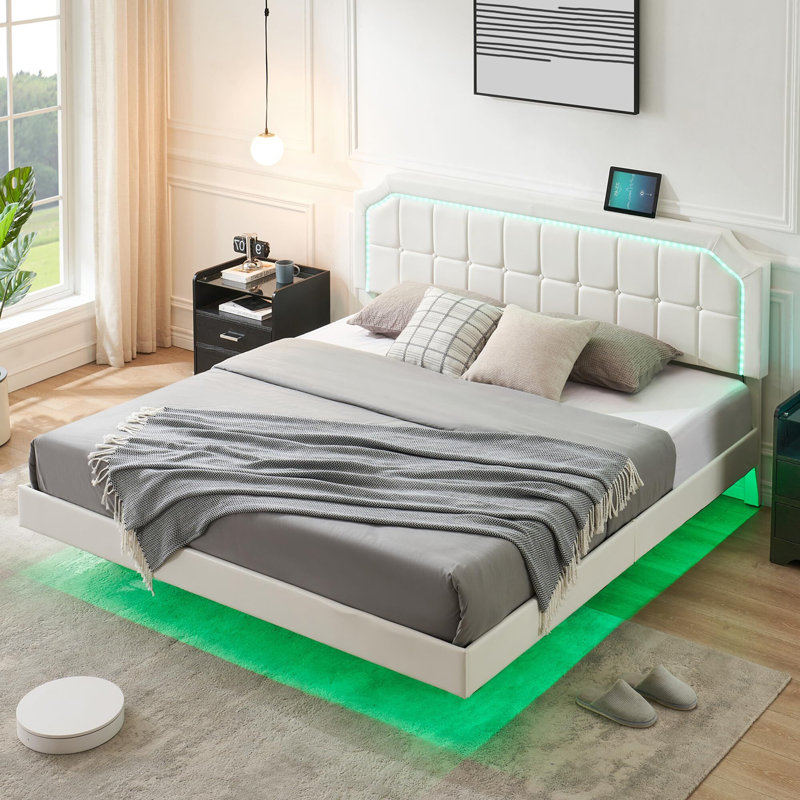 Structure de lit plateforme tapissier avec lumières DEL et lit flottant visuel à tête de lit, Très grand