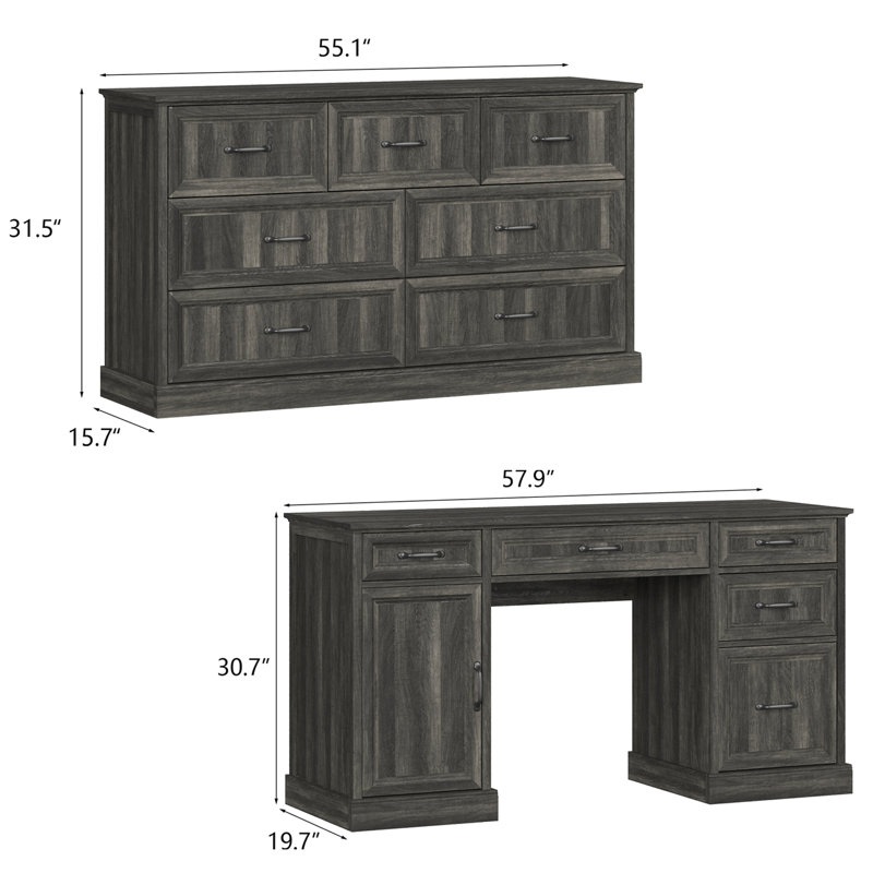 Ensemble de bureau d'ordinateur 2 pièces, bureau d'écriture et commode 6 tiroirs Hailiey, Gris
