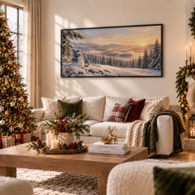 «Snowman and Lantern In Snowy Forest», art mural sur toile