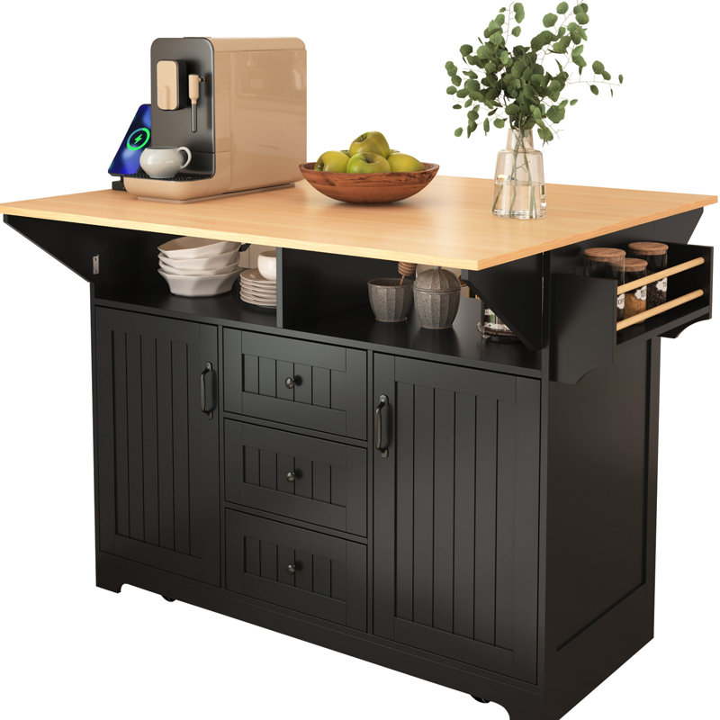 Grand îlot de cuisine 55,7 po avec 2 abattants, chariot roulant, bloc d'alimentation, table de rangement pliante, 3 tiroirs, chariot à ornement noir, prise de courant, apparence