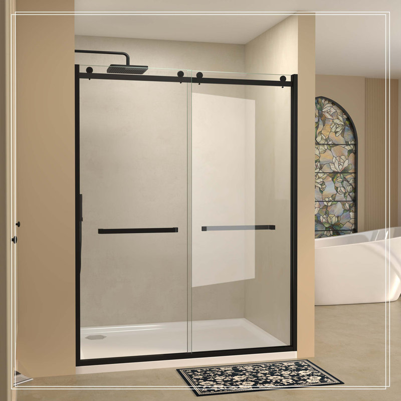 Portes de douche coulissantes doubles en verre semi-sans cadre, largeur 60 po x hauteur 76 po avec verre trempé transparent 3/8 po (10 mm), noir mat