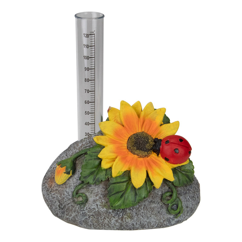 7" Sunflower and Ladybug Polyresin Rock Garden Rain Gauge