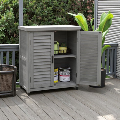 Banc de rempotage en bois massif gris avec armoire de rangement et plateau de table en métal - L 31,5 po x l 17 po x H 36 po - Poste de travail de jardin extérieur