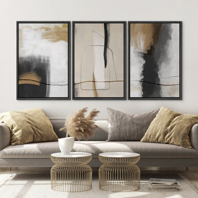 Grunge Abstract Paint Stroke Effect Tan Grey Neutral Organic Modern Pictures Framed Canvas Abstract Living Room Wall Art Painting Print, 16"x24"x3 pcs, 24"x36"x3 pcs