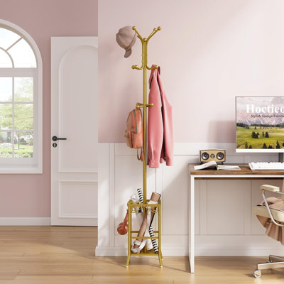Freestanding Metal Coat Tree with 12 Hooks & Built-In Umbrella Holder, Multifunctional Hall Tree for Entryway Home Office