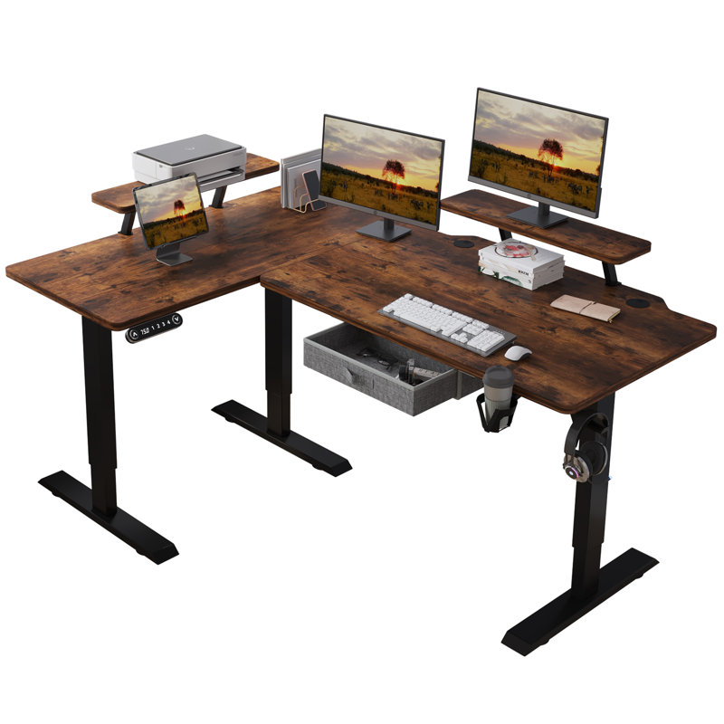 Adjustable Height Modular L-Shaped Steel Standing Desk, Brown