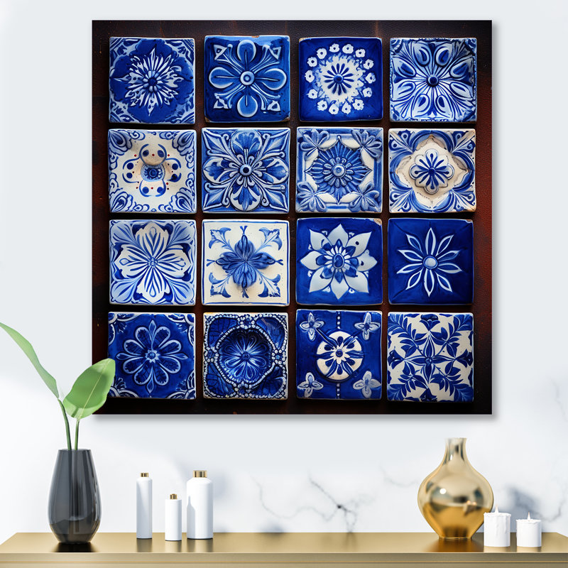 Boho Turkish Blue Tiles 3 - Boho Tiles, art mural en métal, H 29 po x l 29 po