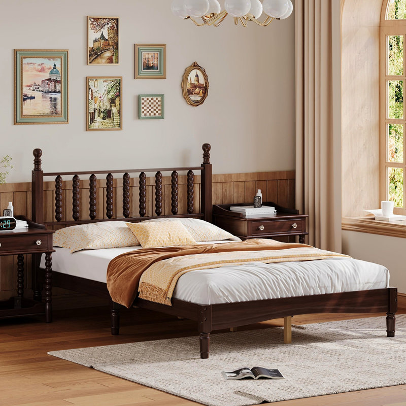 Wood Platform Bed with Gourd Shaped Headboard, Full, Walnut
