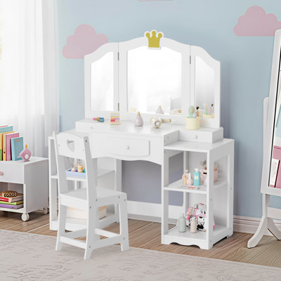 Ensemble de coiffeuse et de chaise pour enfants, armoire de rangement pour filles 2 en 1 avec miroir pliant