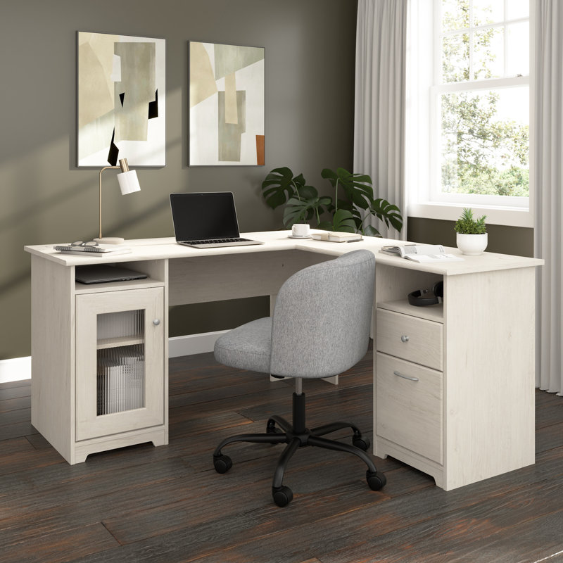 Bureau d'ordinateur en L 60 W avec rangement en lin chêne blanc, Chêne blanc lin