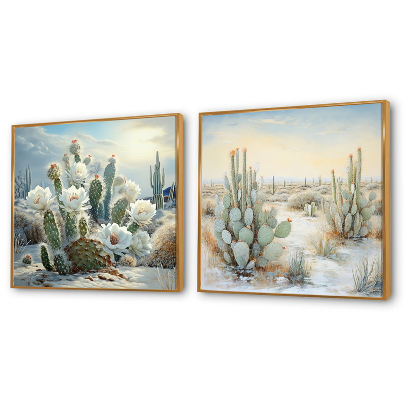 Cactus Charm In Winter - Cactus carré, ensemble de 2 collages, H 16 po x l 33 po, Cadre flottant doré