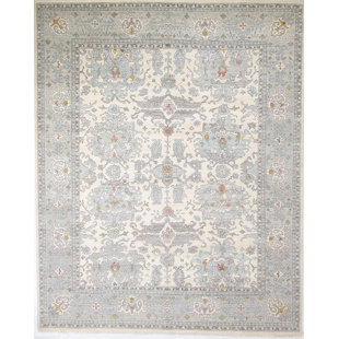 Tapis unique en laine noué à la main ivoire / gris de 9 pi x 12 pi Oushak