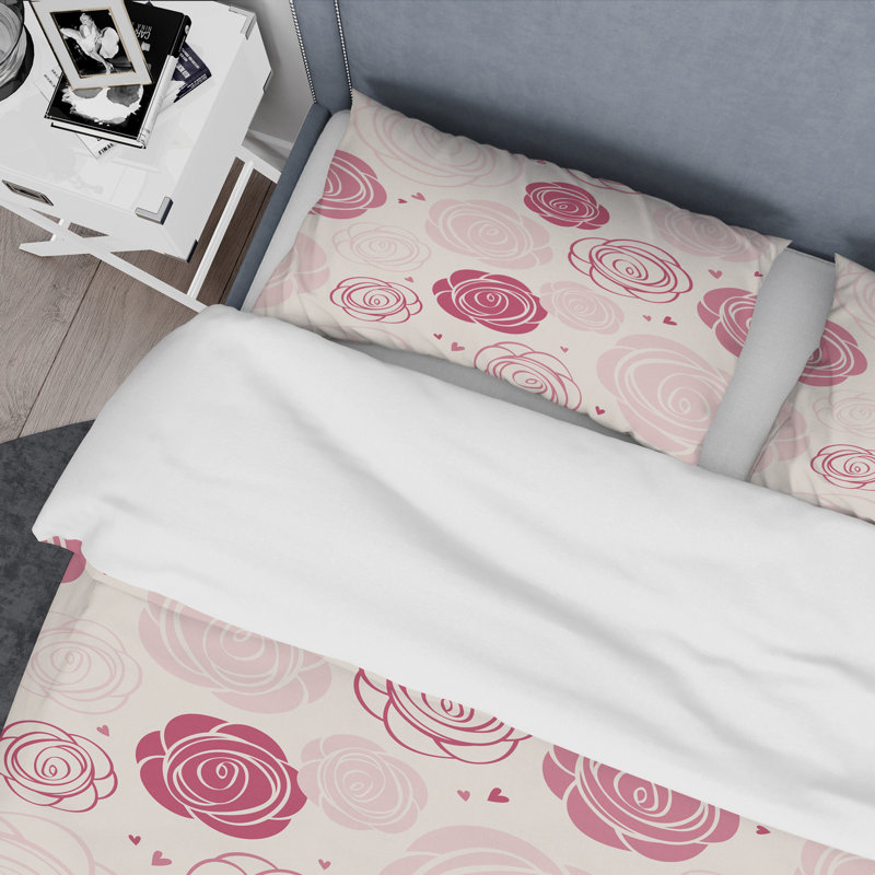 Ensemble de housse de couette mid-century roses, Housse de couette très grand + 2 taies décoratives