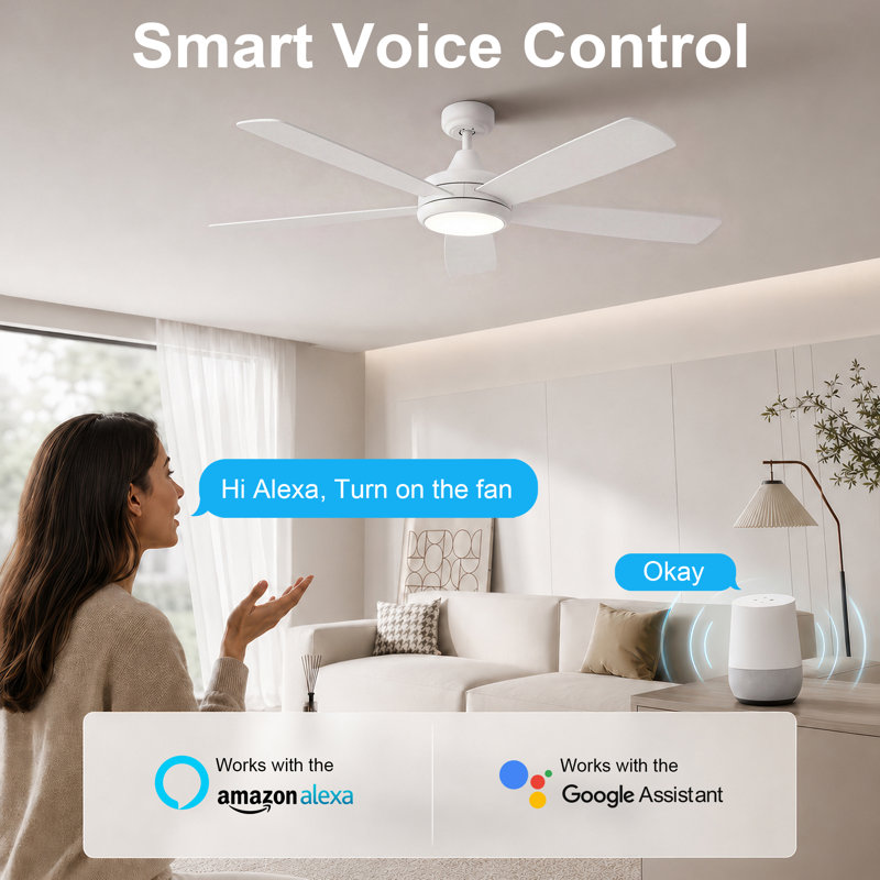 52" 5-Blade Smart Ceiling Fan with Light, WiFi/APP/Voice/Remote, 6 Speed High Airflow Low Noise DC Motor Reversible Airflow