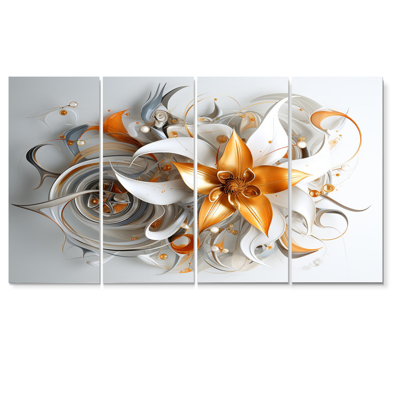 Golden Morning Flower - ensemble de 4 décorations murales florales modernes, H 32 po x l 64 po
