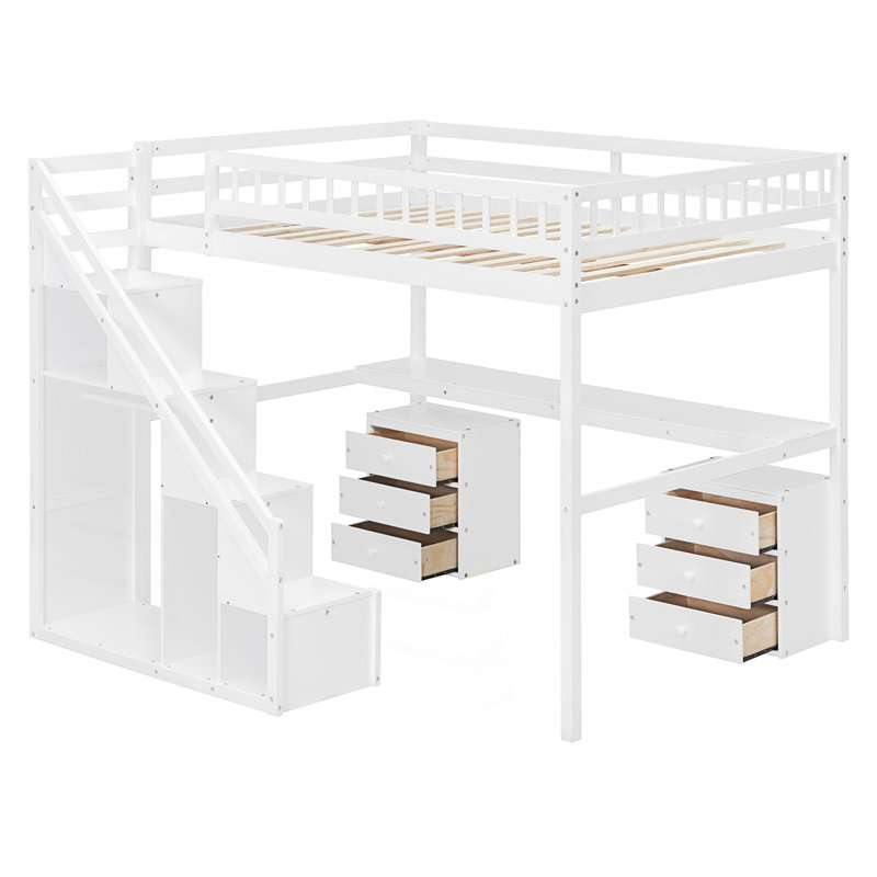 Lit mezzanine double avec commode, bureau et bande lumineuse, Blanc