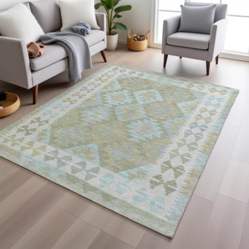 Tapis de sauge Xhevrie intérieur / extérieur lavable à la machine, Rectangle 10 pi x 14 pi