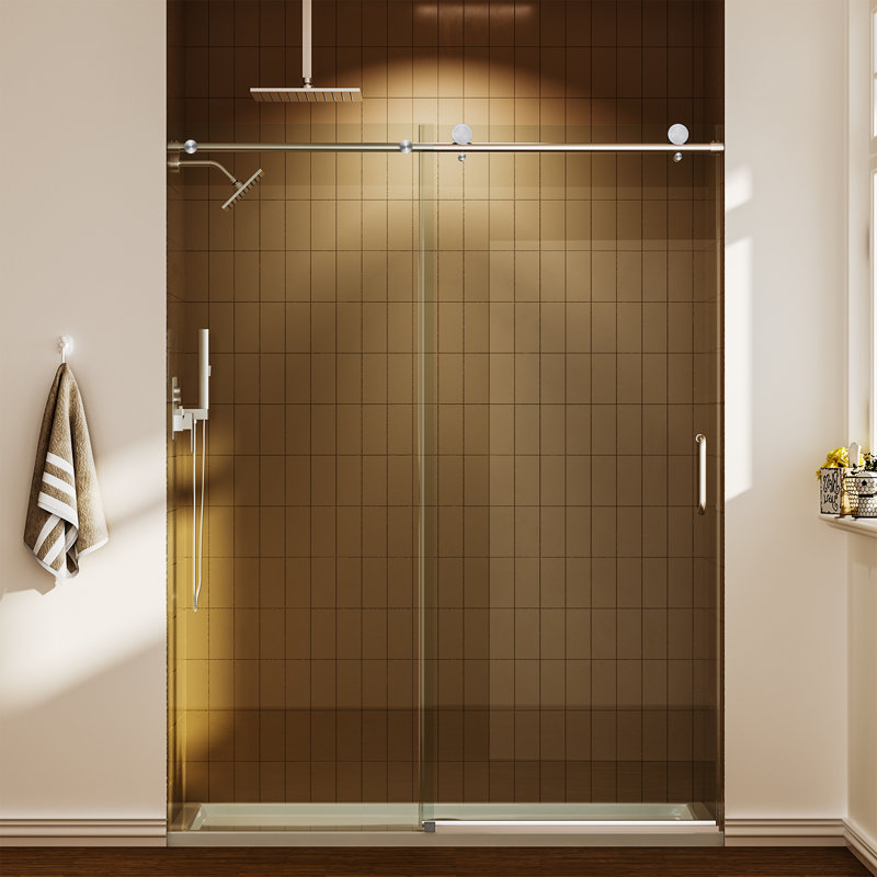 56"-60" W x 76" H Frameless Single Sliding Shower Door, 1/4" Tempered Glass, Adjustable Fit, Brushed Nickel