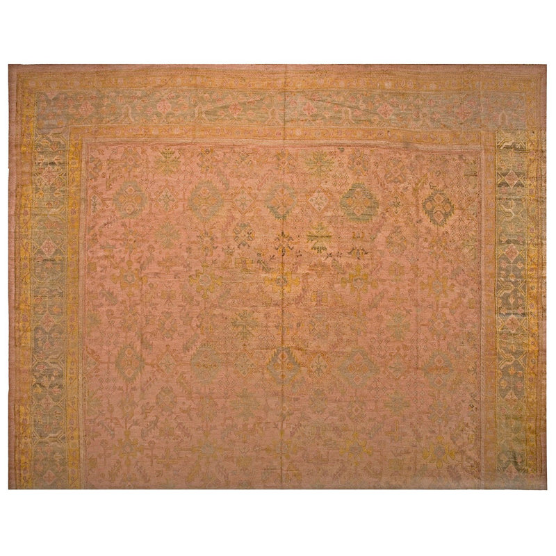 1900s Ivory Peach Green Antique Turkish Oushak Carpet 17' 6" x 18' Wool Rug