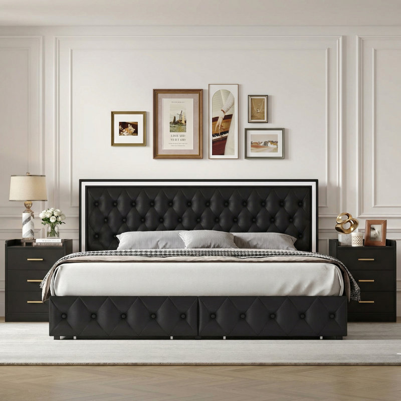 3-Piece Bedroom Sets, 4-Drawer LED Storage Bed+ 2 Nightstands with 3 Drawers Each&USB + Outlet Built-In, Black, Queen