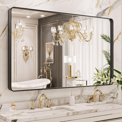 Miroir de salle de bain 30 po x 36 po avec cadre en métal blanc, miroir de meuble-lavabo blanc Farmhouse, grand miroir rectangulaire arrondi, antirouille, verre trempé, suspension horizontale ou verticale