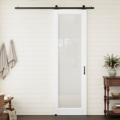 32"x96" White Prime Full Lite Frosted Glass Slab Door With Top Mounted Black Barn Door Hardware Kit Suitable For Pantry, Bedroom