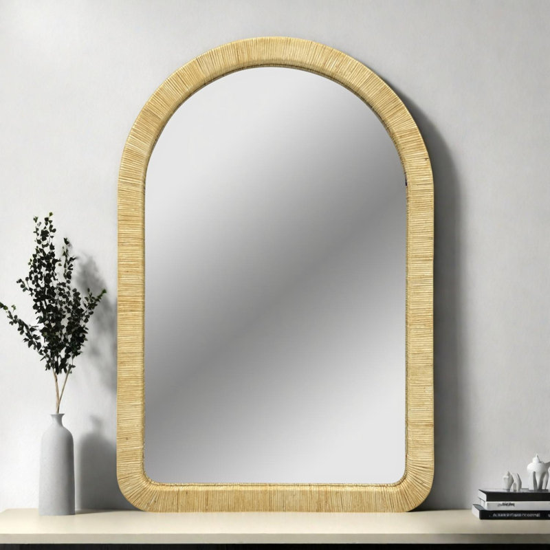 Natural Rattan Arched Wall Mirror 39x26x1.2 Inches