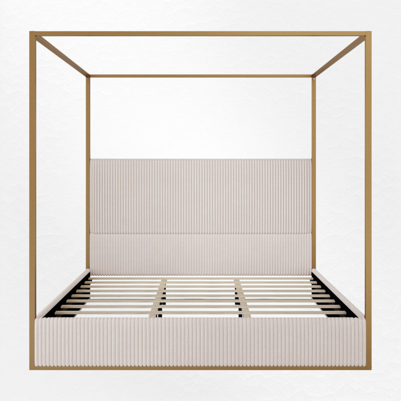 Upholstered Metal Canopy Bed, Beige/Gold, King