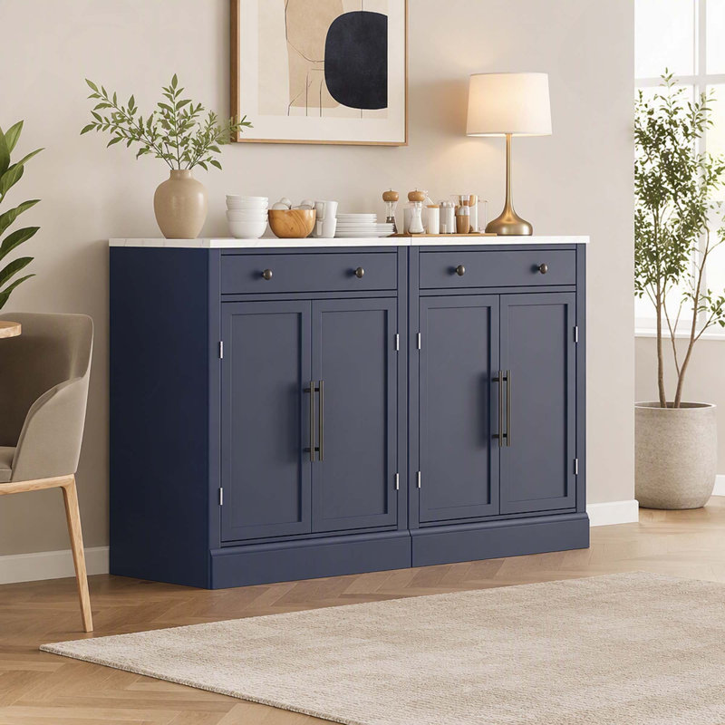 Ensemble de 2 buffets de cuisine autoportants avec rangement ajustable, Bleu