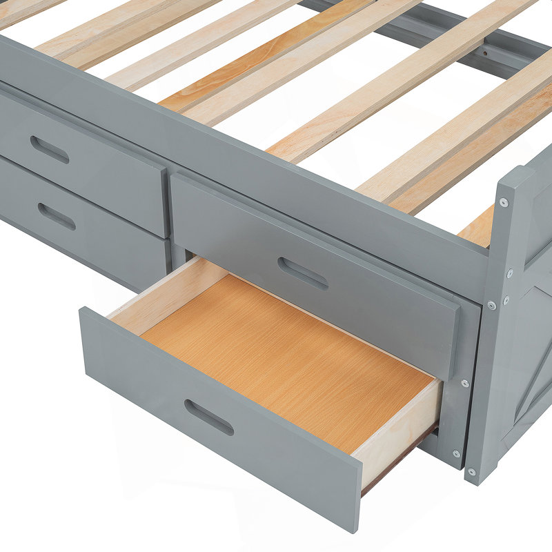 Lit en bois avec tête de lit de rangement avec prises, lit extensible avec lit gigogne, Grey, Lit simple