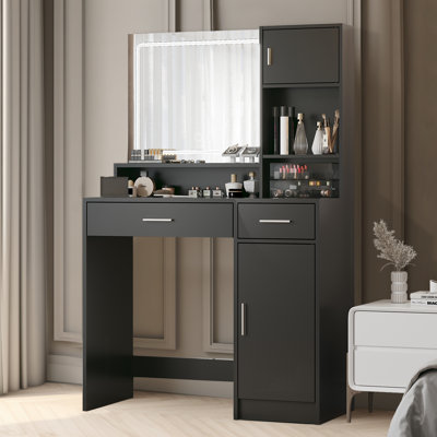 Bureau de coiffeuse avec miroir et bande lumineuse à DEL, coiffeuse avec grand tiroir, commode de rangement à 3 niveaux et 3 modes d'éclairage à luminosité réglable