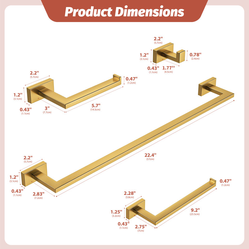 Gold 5-Piece Stainless Steel Bathroom Towel Bar Set, Brushed Gold