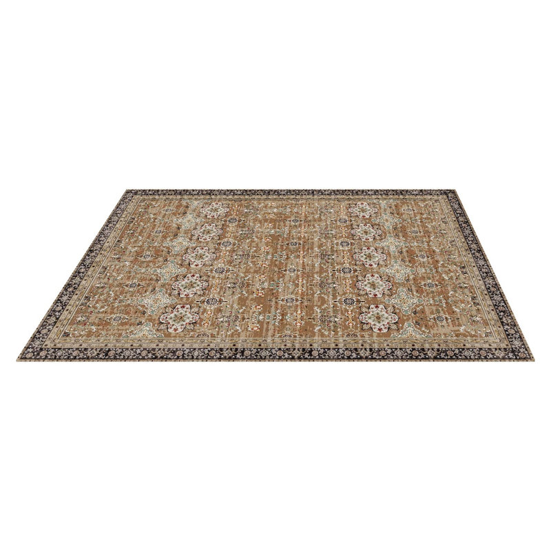 Tapis rétro délavé 7,5 x 9,5 pi - Tapis de sol lavable antidérapant à motif de médaillon traditionnel brun et vert pour chambre à coucher