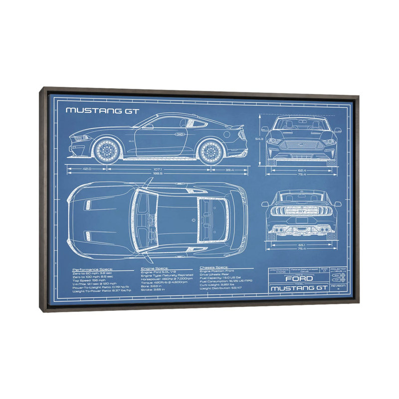 Mustang GT (2018-2020) Blueprint-impression de dessin, H 26 po x l 40 po x 1,5 po, Toile encadrée de bois rustique foncé