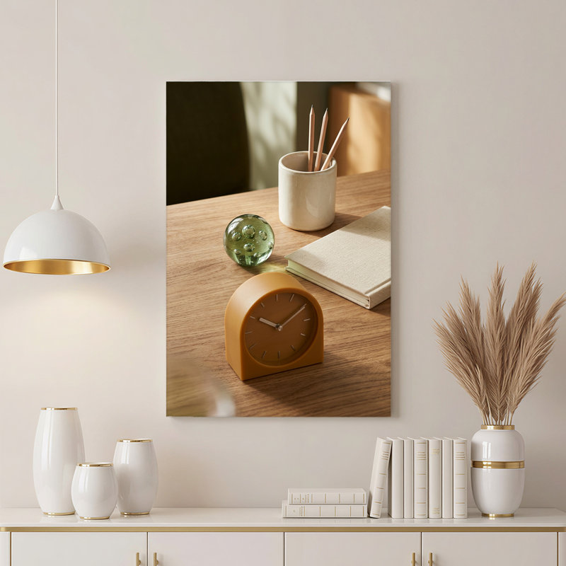 Art mural sur toile en bois avec horloge analogique moutarde, H 36 po x l 24 po