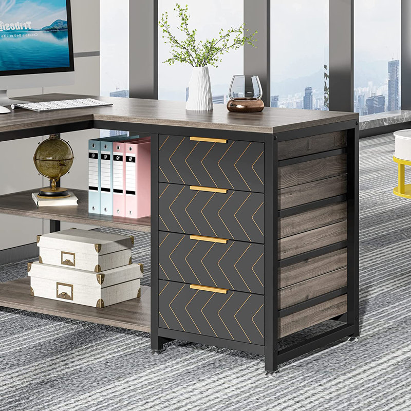 Bureau d'ordinateur en L, bureau multifonctionnel avec tablettes et tiroirs de rangement, Gris / Noir