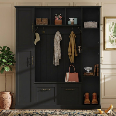 Arbre d'entrée avec banc de rangement, rangement pour hall d'entrée, armoires avec tablettes réglables, casiers ouverts, maison de campagne moderne, vestibule
