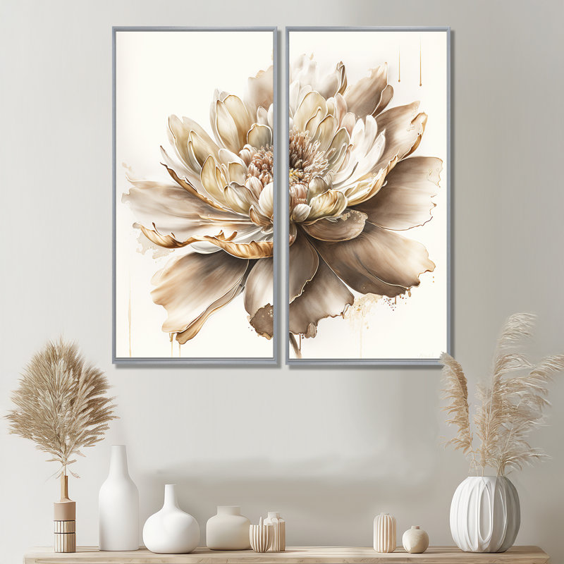 Simple fleur beige I - impressions sur toile beiges 2 pièces, H 20 po x l 24 po, Impression encadrée flottante, Argent argent