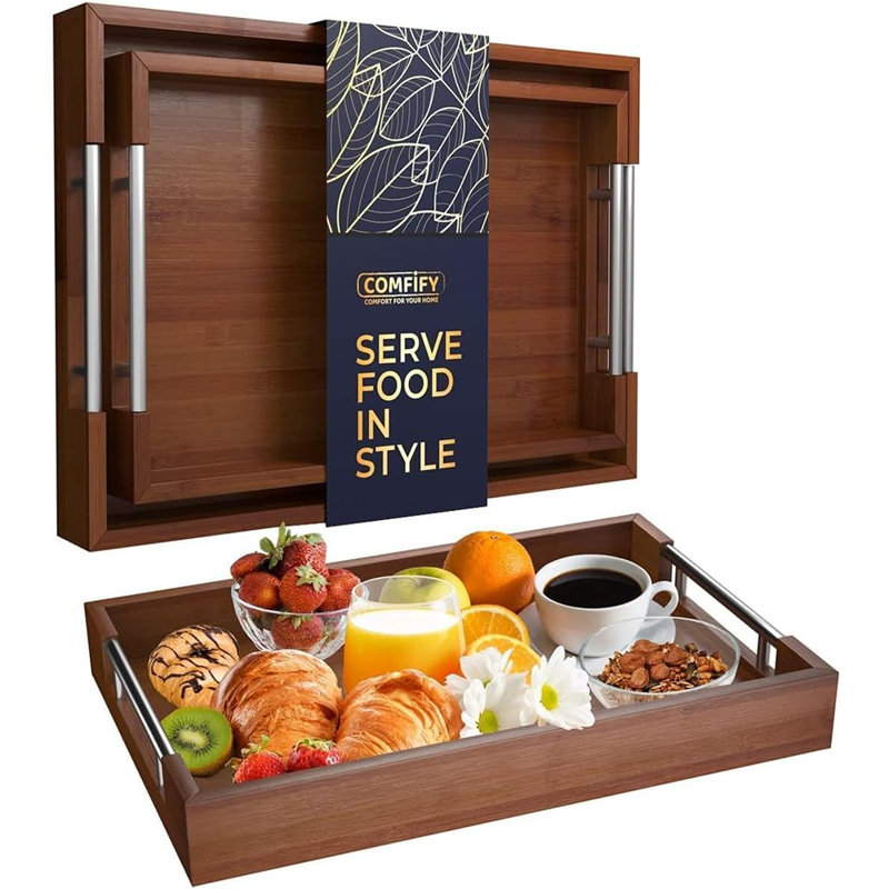 Set Of 2 Decorative Serving Trays - Bamboo + Silver Stainless Steel Handles - Coffee Table Or Ottoman Tray For Breakfast In Bed Jewelry, Decor Organization Stained Brown Finish