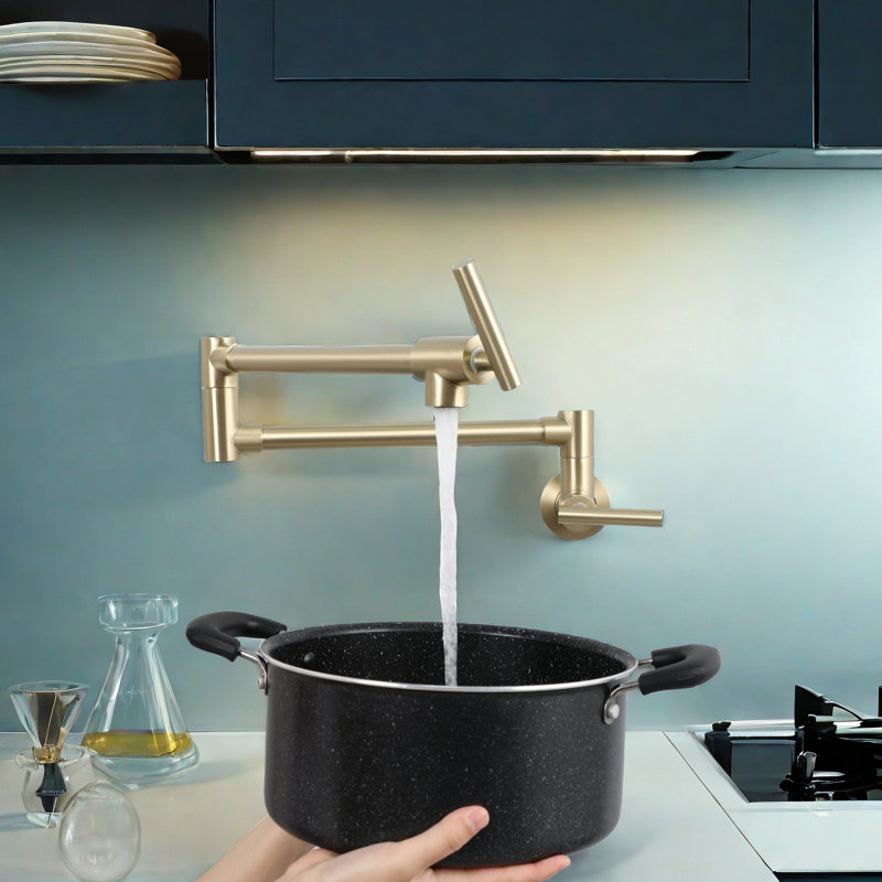 Wall Mount Gold Single Hole Pot Filler Faucet, Two Handles, Stretchable And Retractable, Lead - Brass, 1.77 In Package Height