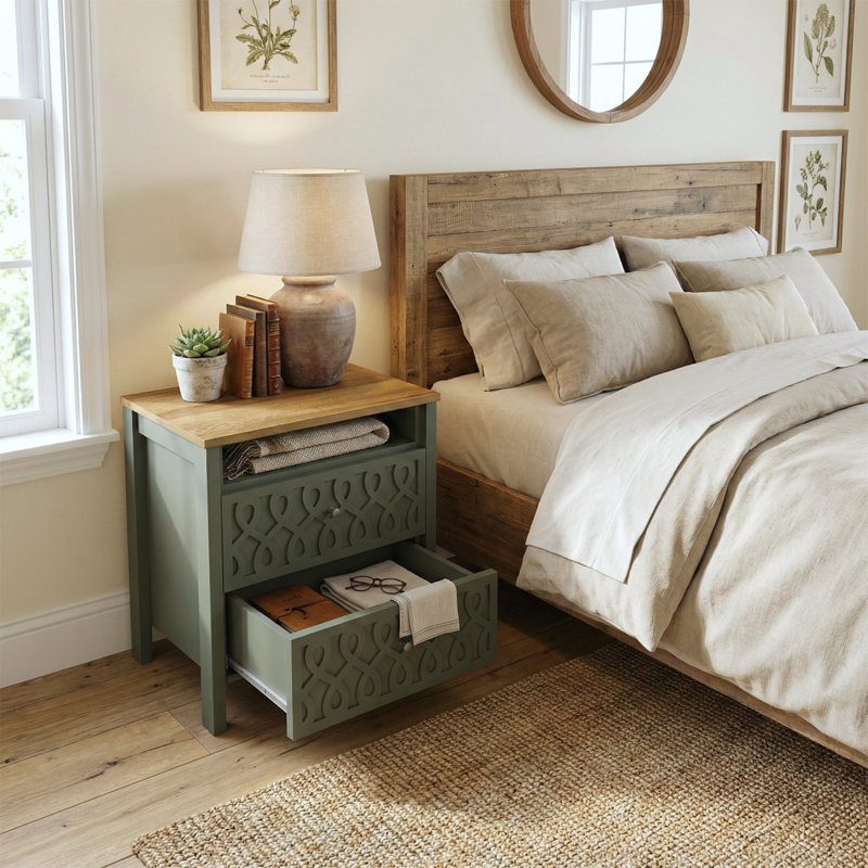 Table de chevet 2 tiroirs avec rangement ouvert Pruitt, Vert/brun