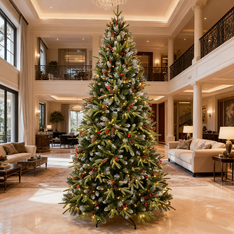 Arbre de Noël à DEL blanc chaud 8 pi avec 2850 branches enneigées, baies rouges et pommes de pin, installation facile, H 8 pi