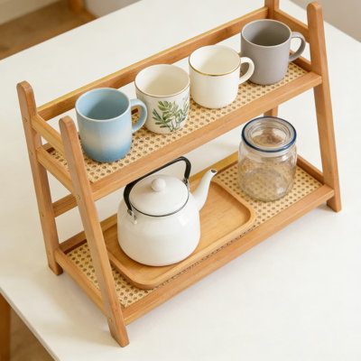 2-Tier Bamboo Cup And Mug Organizer, Countertop Shelf Rack For Kitchen, Coffee Bar, And Bathroom Storage With Secure Fencing And Ventilated Design