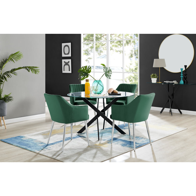 Bernell Modern Chrome Metal & Glass Round Dining Table Set with 4 Luxury Button Velvet Chairs, Grey/Black