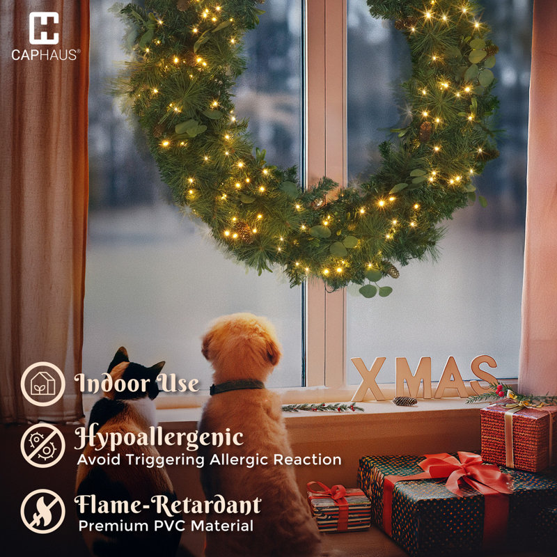 CAPHAUS Lighted Artificial Christmas Wreath, with LED Lights, Eucalyptus and Pine, Multiple Sizes, 48" H x 10" W x 6.7" D