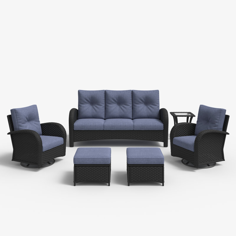 7 - Person Patio Conversation Set with Cushions, Navy Blue, Black