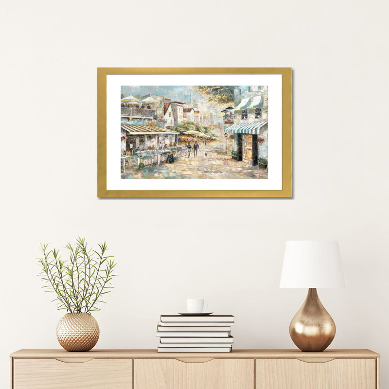 «Rooftop Café» par Ruane Manning - reproduction d'art, H 16 po x l 24 po x P 1 po, Papier encadré doré, Blanc