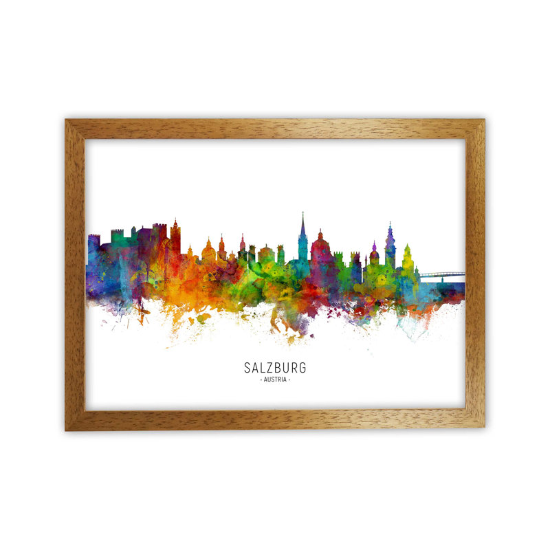 Salzburg Austria Skyline by Michael Tompsett - Print, 25cm H x 34cm W x 3cm D, Brown Framed